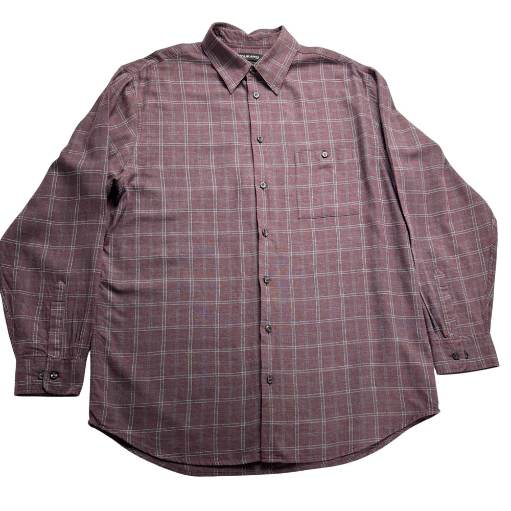Murano Mens Large Burgundy‎ Windowpane Plaid Wool Blend Italian Fabric Shirt L